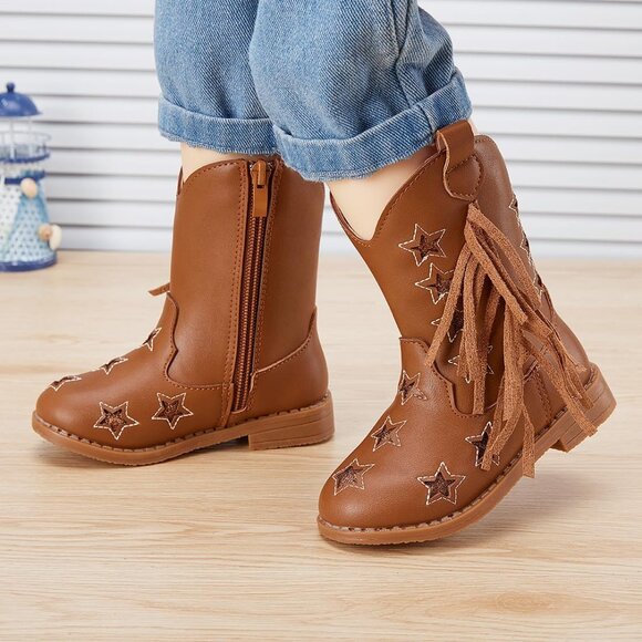 ⚡Girls 1-Brown Microfiber Little Kids Mid Calf Western Pointed Toe Riding Boots - Picture 2 of 6